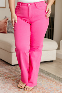 Judy Blue High-Rise Straight Leg Jeans in Hot Pink-Denim-Villari Chic, women's online fashion boutique in Severna, Maryland