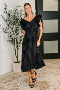 Pinstripe Romance V-Neck Ruffle Sleeve Dress in Black-Womens-Villari Chic, women's online fashion boutique in Severna, Maryland
