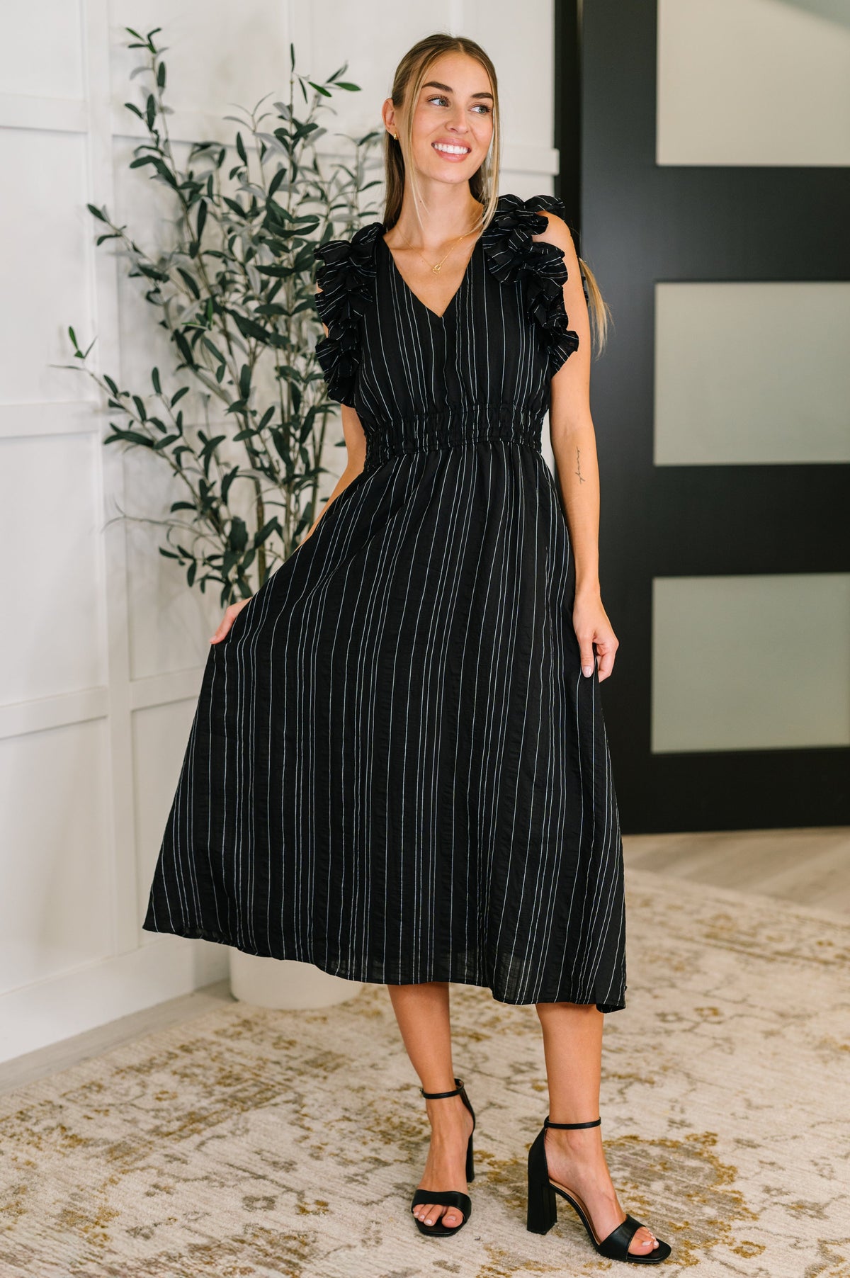 Pinstripe Romance V-Neck Ruffle Sleeve Dress in Black-Womens-Villari Chic, women's online fashion boutique in Severna, Maryland