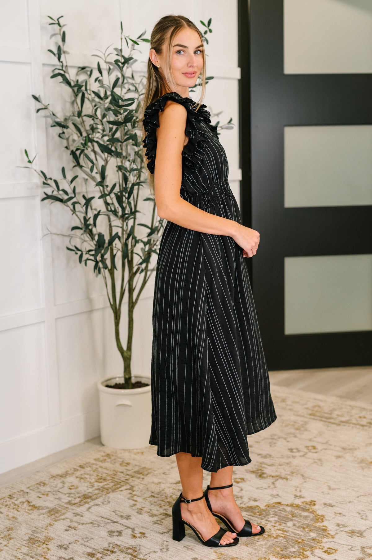 Pinstripe Romance V-Neck Ruffle Sleeve Dress in Black-Womens-Villari Chic, women's online fashion boutique in Severna, Maryland