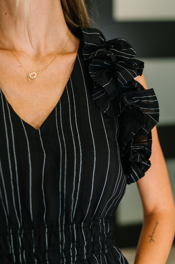 Pinstripe Romance V-Neck Ruffle Sleeve Dress in Black-Womens-Villari Chic, women's online fashion boutique in Severna, Maryland