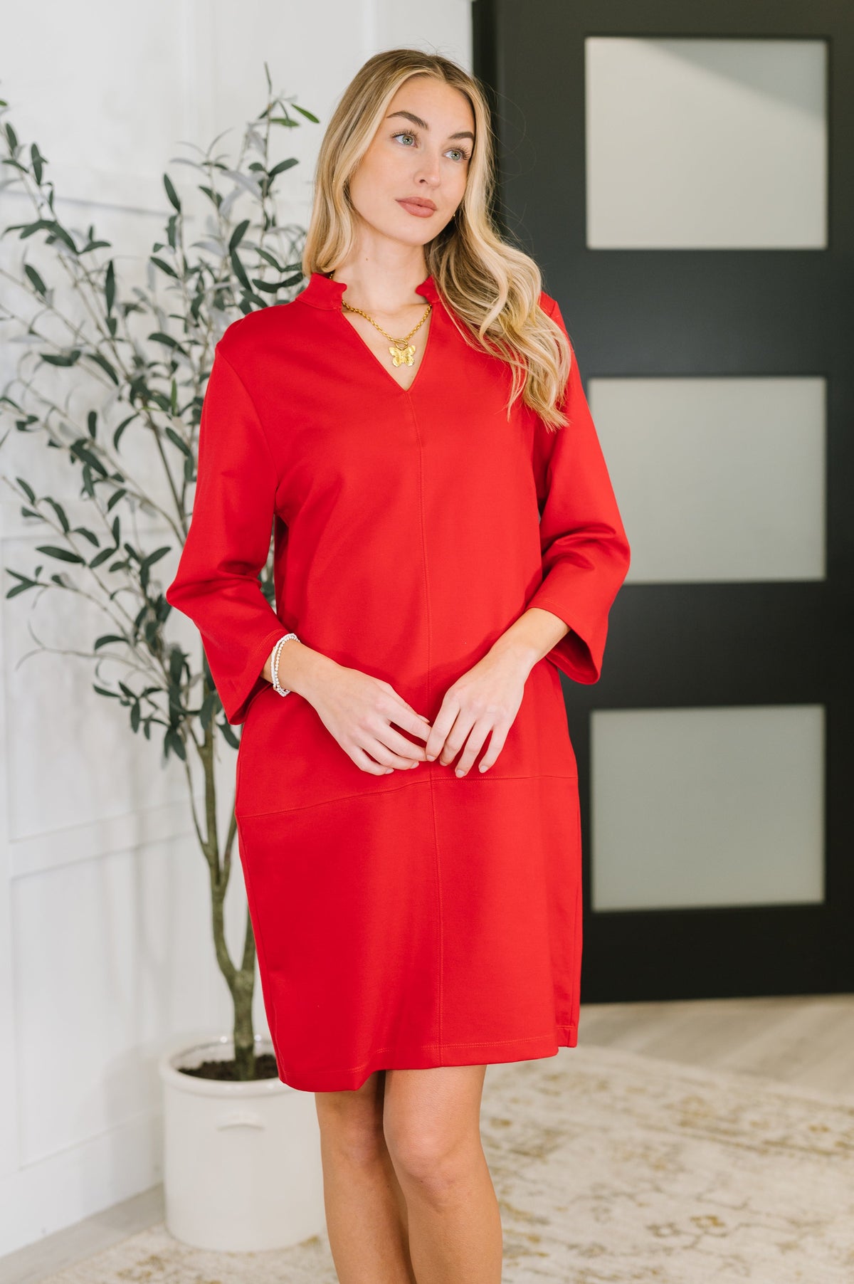 Portfolio Quarter Sleeve Dress in Red-Womens-Villari Chic, women's online fashion boutique in Severna, Maryland