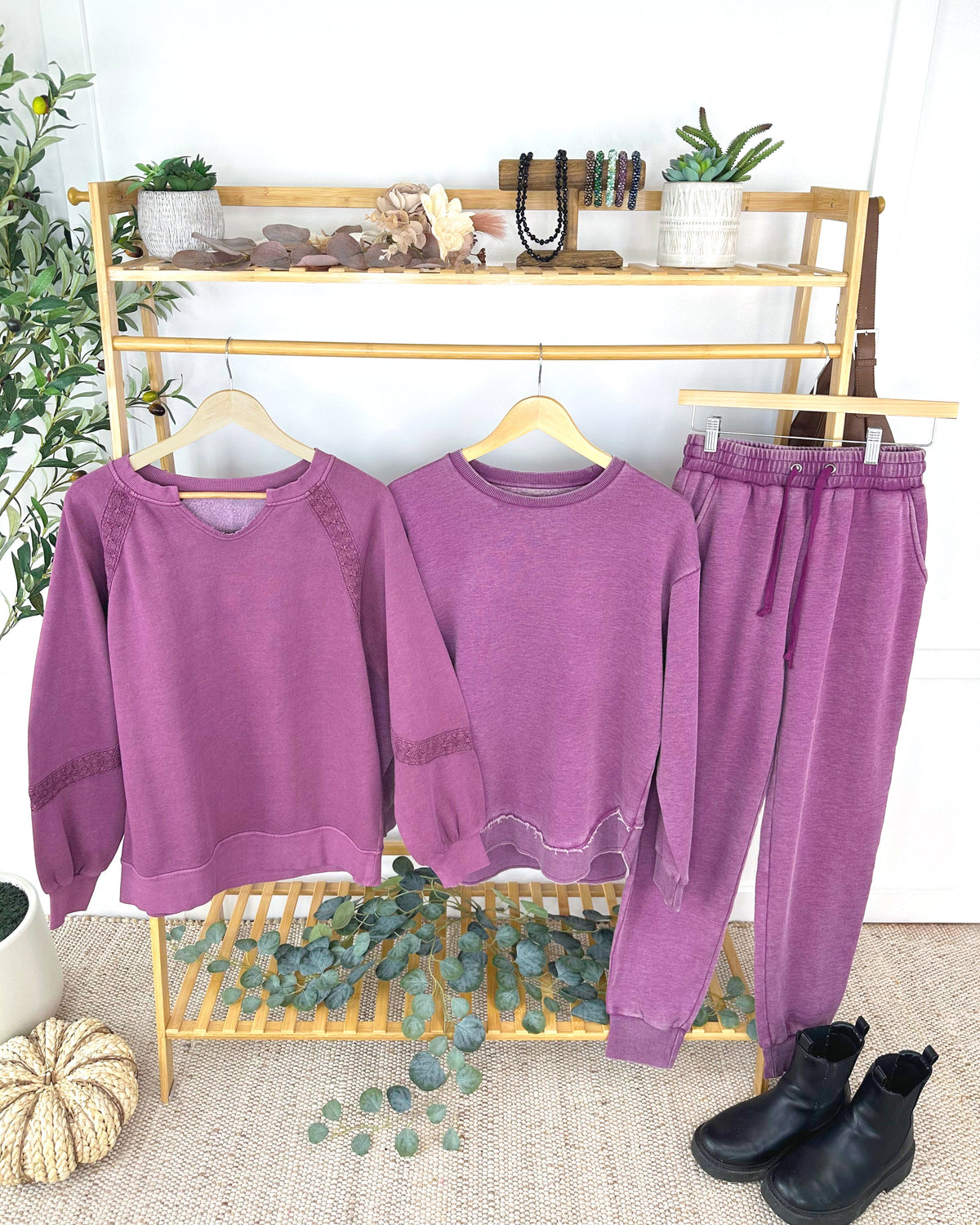 Lace Accent Vintage Wash Pullover - Purple-pullover-Villari Chic, women's online fashion boutique in Severna, Maryland