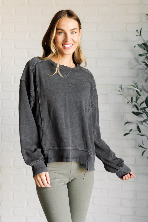 Quick Fix Mineral Wash Crew Neck Pullover in Black-Tops-Villari Chic, women's online fashion boutique in Severna, Maryland