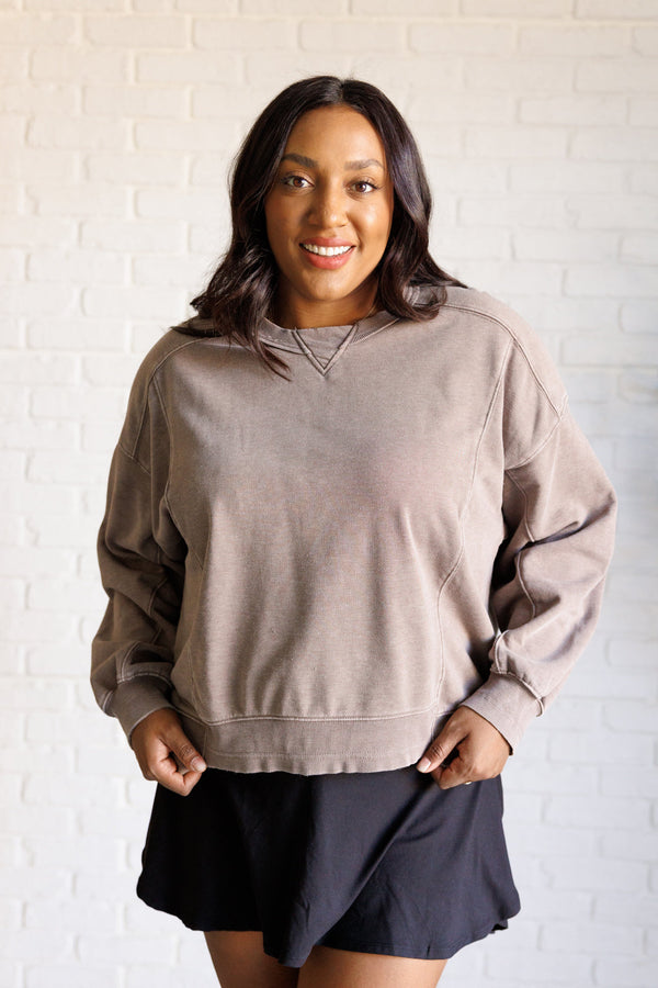 Quick Fix Mineral Wash Crew Neck Pullover in Mocha-Tops-Villari Chic, women's online fashion boutique in Severna, Maryland