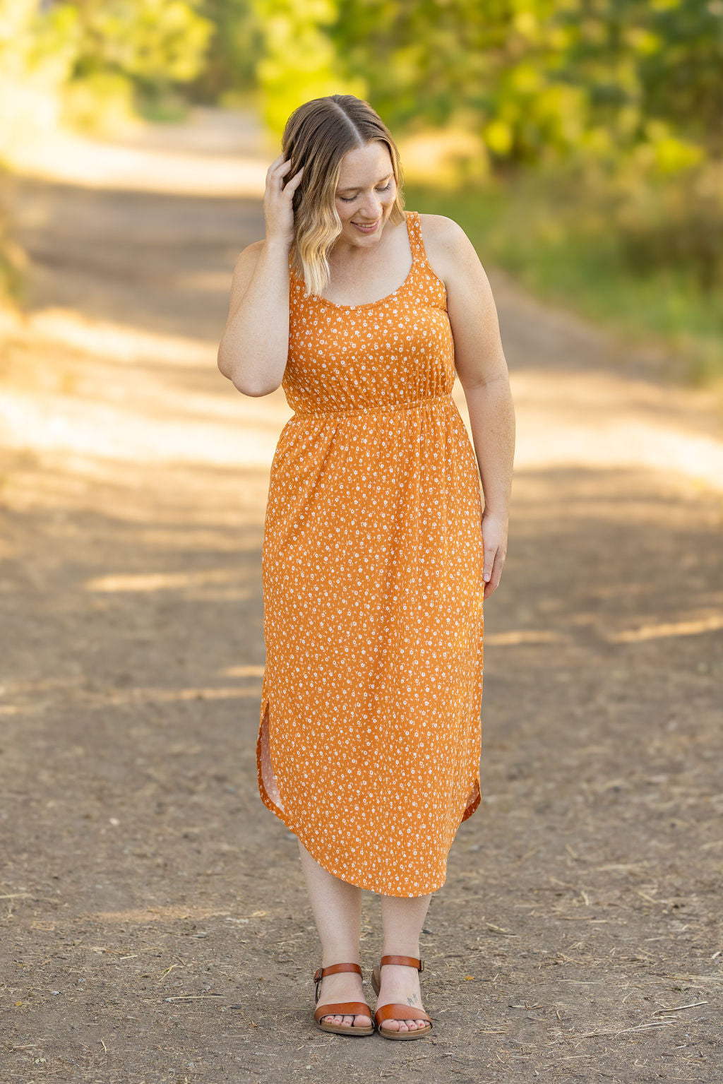 Reagan Ribbed Midi Dress - Pumpkin Floral-Dresses-Villari Chic, women's online fashion boutique in Severna, Maryland
