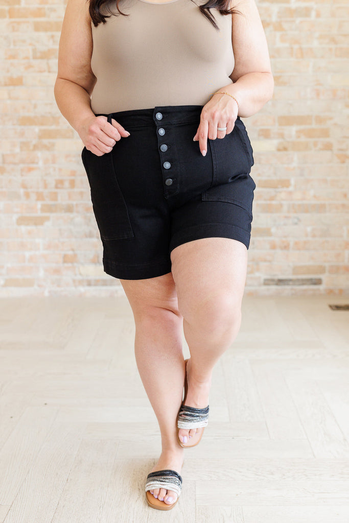 Judy Blue High-Rise Button-Fly Trouser Shorts in Black-Denim-Villari Chic, women's online fashion boutique in Severna, Maryland