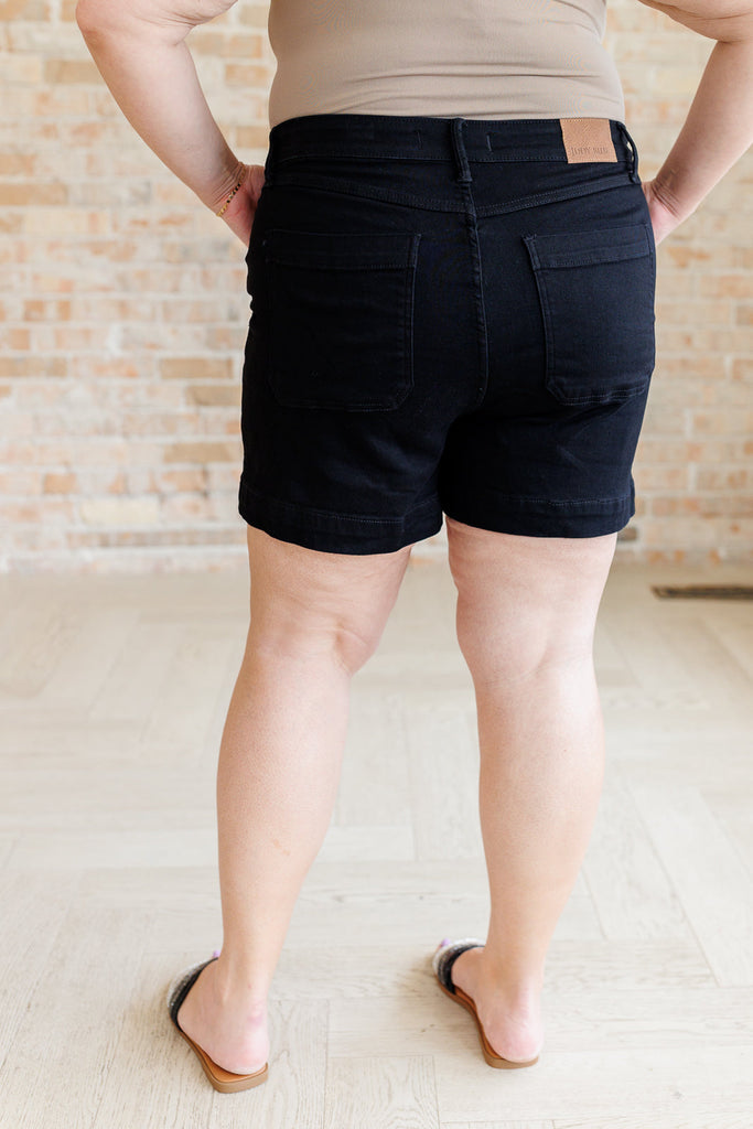 Judy Blue High-Rise Button-Fly Trouser Shorts in Black-Denim-Villari Chic, women's online fashion boutique in Severna, Maryland