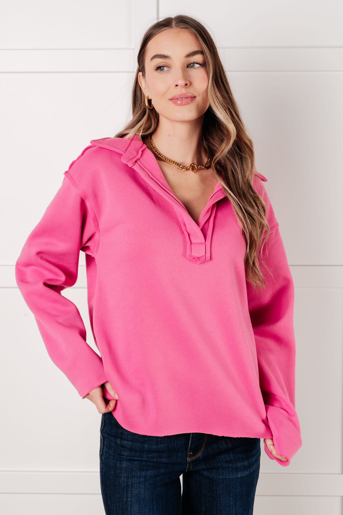 Same Ol' Situation Collared Pullover in Hot Pink-Tops-Villari Chic, women's online fashion boutique in Severna, Maryland
