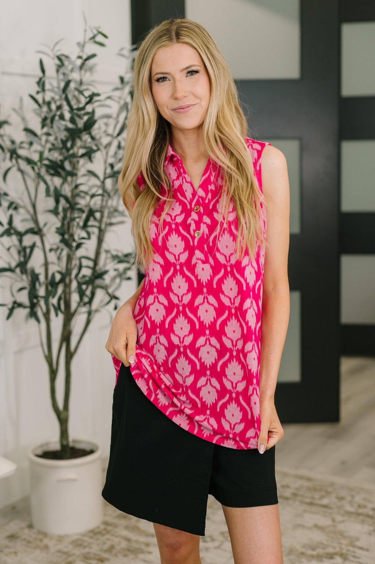 Sea Spray Collared Sleeveless Top in Floral Ikat-Womens-Villari Chic, women's online fashion boutique in Severna, Maryland