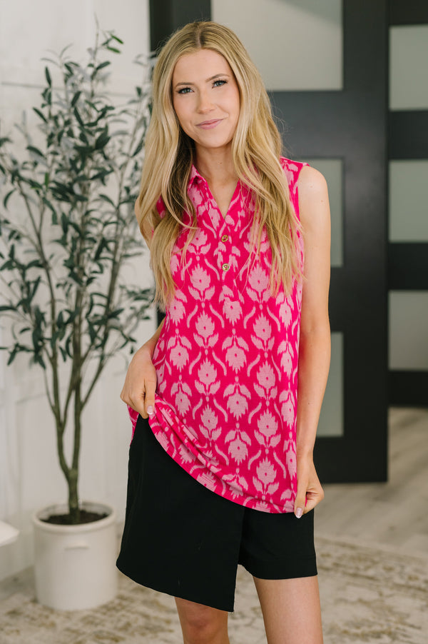 Sea Spray Collared Sleeveless Top in Floral Ikat-Womens-Villari Chic, women's online fashion boutique in Severna, Maryland