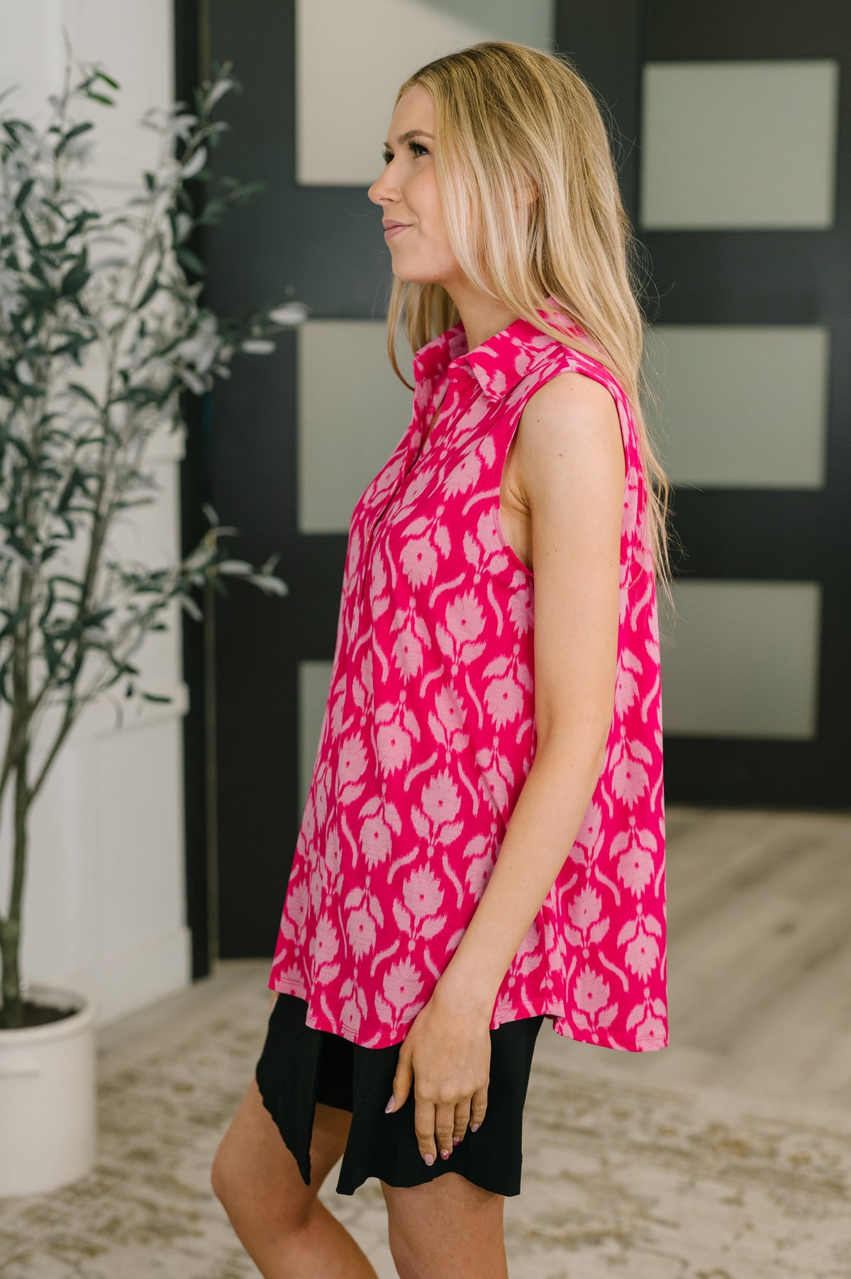 Sea Spray Collared Sleeveless Top in Floral Ikat-Womens-Villari Chic, women's online fashion boutique in Severna, Maryland