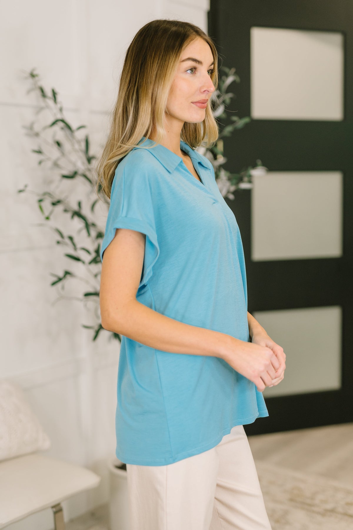 Sea You Soon Collared Top in Costal Blue-Womens-Villari Chic, women's online fashion boutique in Severna, Maryland