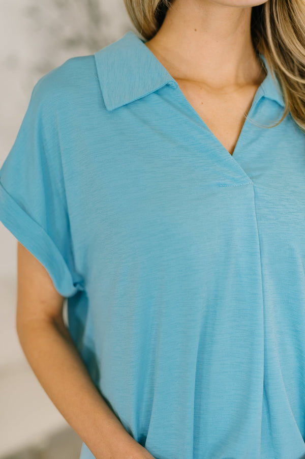 Sea You Soon Collared Top in Costal Blue-Womens-Villari Chic, women's online fashion boutique in Severna, Maryland