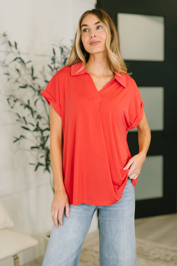 Sea You Soon Collared Top in Hot Coral-Womens-Villari Chic, women's online fashion boutique in Severna, Maryland
