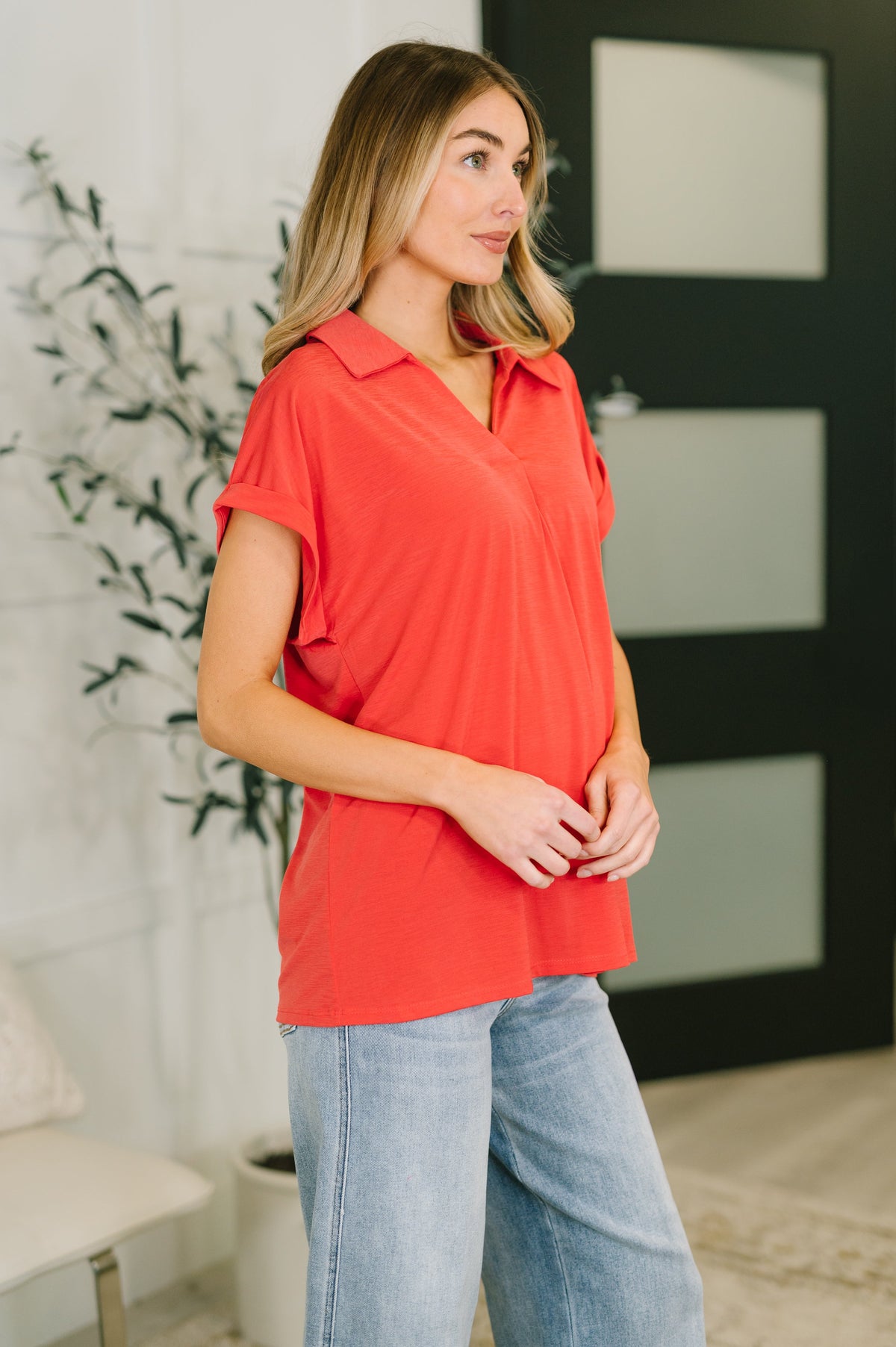 Sea You Soon Collared Top in Hot Coral-Womens-Villari Chic, women's online fashion boutique in Severna, Maryland