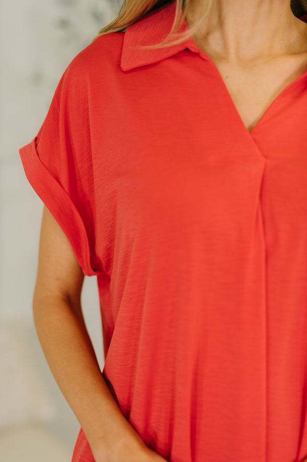 Sea You Soon Collared Top in Hot Coral-Womens-Villari Chic, women's online fashion boutique in Severna, Maryland
