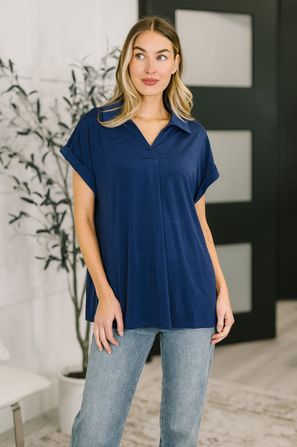 Sea You Soon Collared Top in Navy-Womens-Villari Chic, women's online fashion boutique in Severna, Maryland