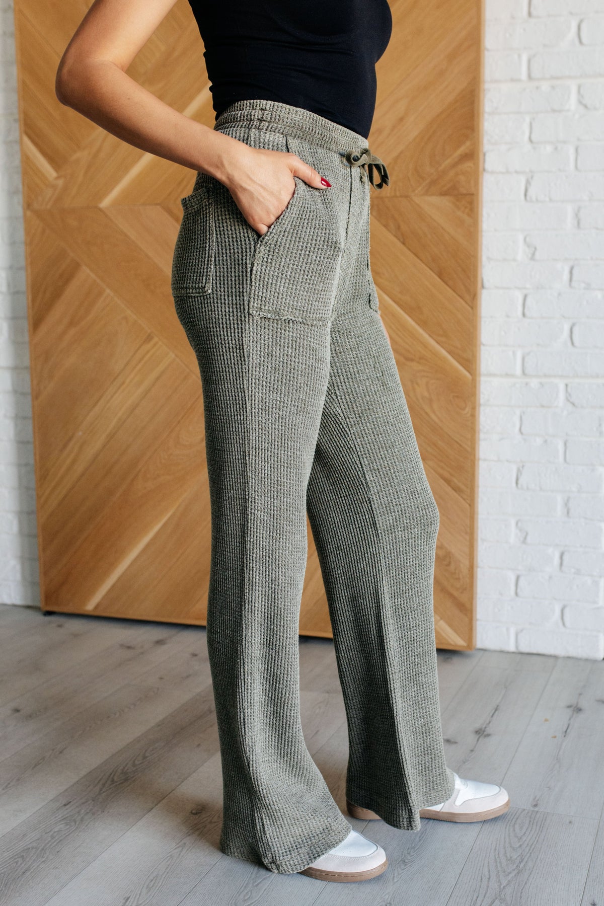 Set Process Mineral Wash Waffle Knit Pants in Olive-Athleisure-Villari Chic, women's online fashion boutique in Severna, Maryland