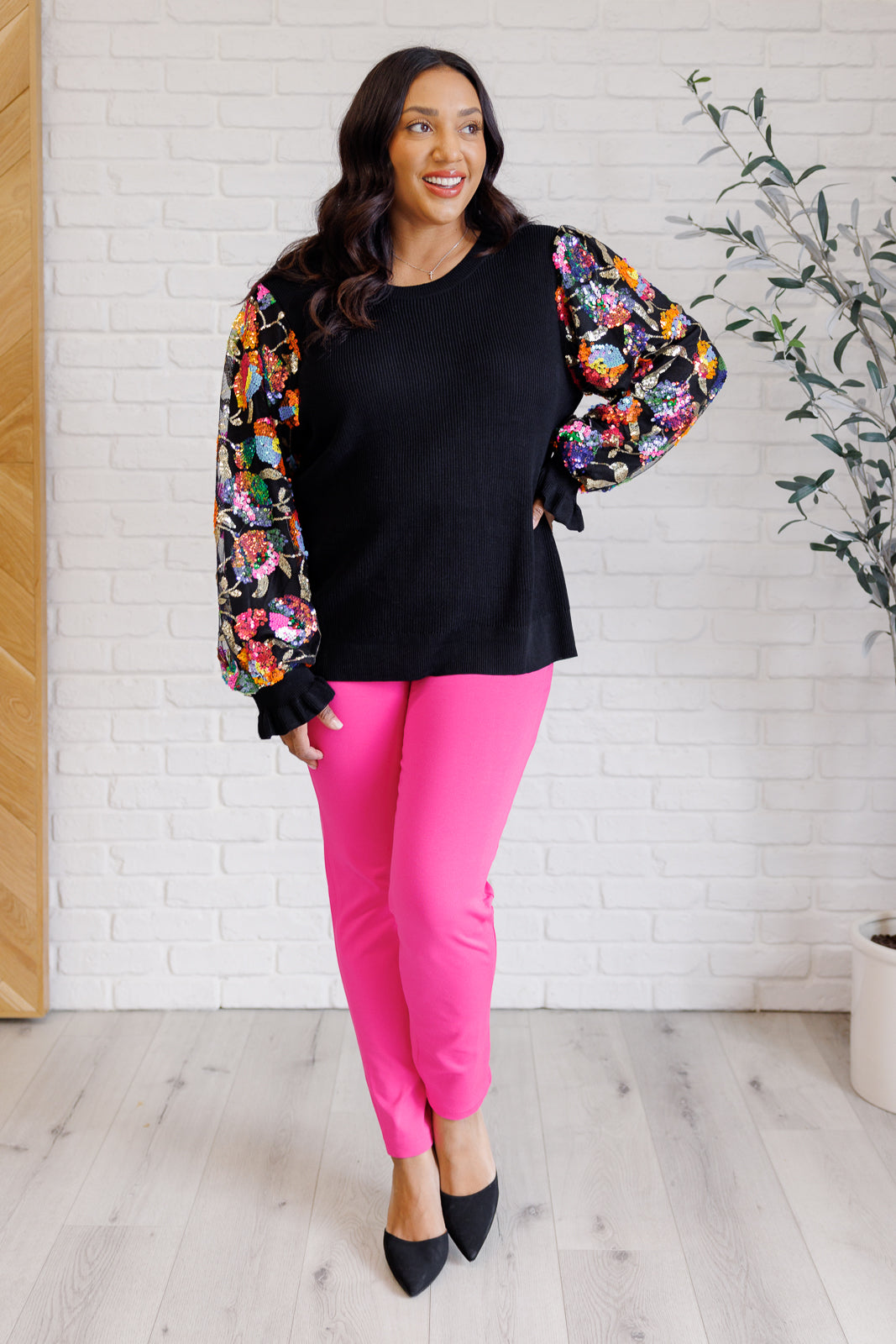 She is the Party Floral Sequins Mesh Sleeve Top-Tops-Villari Chic, women's online fashion boutique in Severna, Maryland