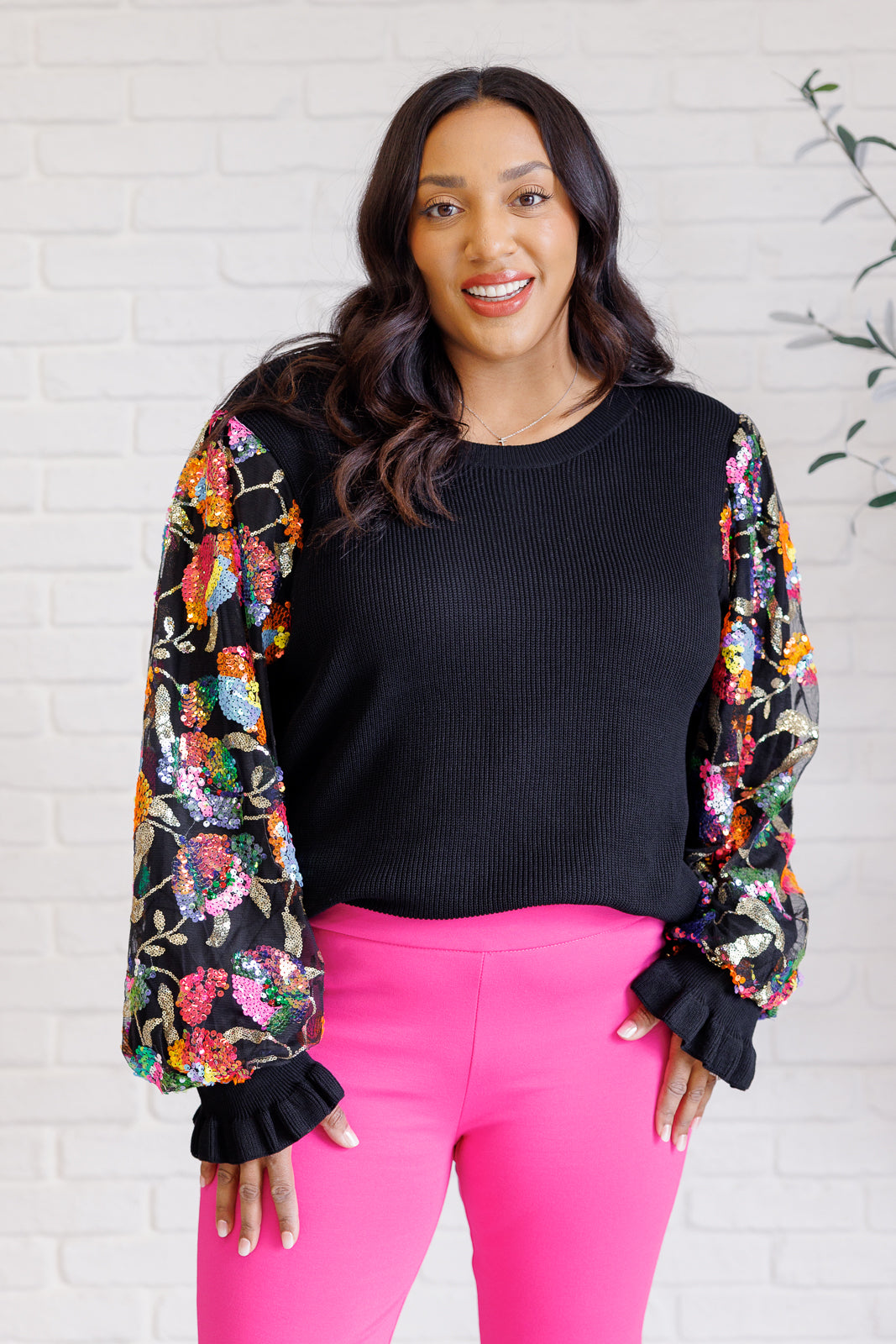She is the Party Floral Sequins Mesh Sleeve Top-Tops-Villari Chic, women's online fashion boutique in Severna, Maryland