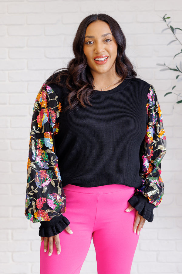 She is the Party Floral Sequins Mesh Sleeve Top-Tops-Villari Chic, women's online fashion boutique in Severna, Maryland