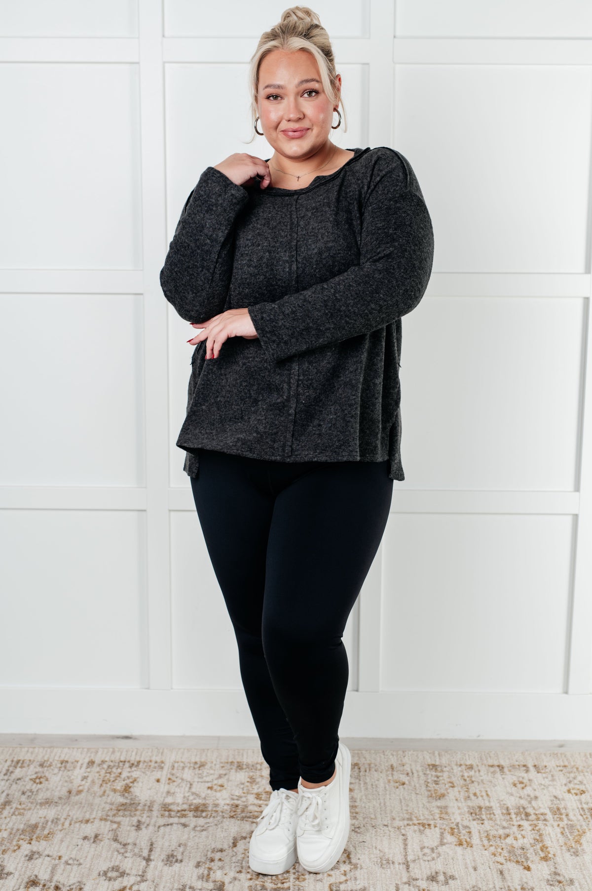 Simple Silhouette Brushed Hacci Sweater in Black-Tops-Villari Chic, women's online fashion boutique in Severna, Maryland