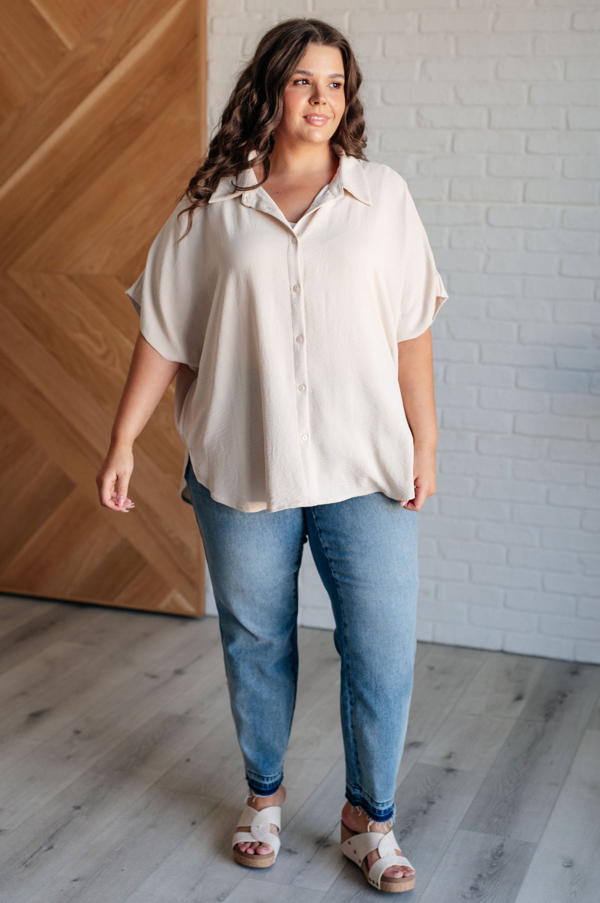 Sweet Simplicity Button Down Blouse in Oatmeal-Tops-Villari Chic, women's online fashion boutique in Severna, Maryland