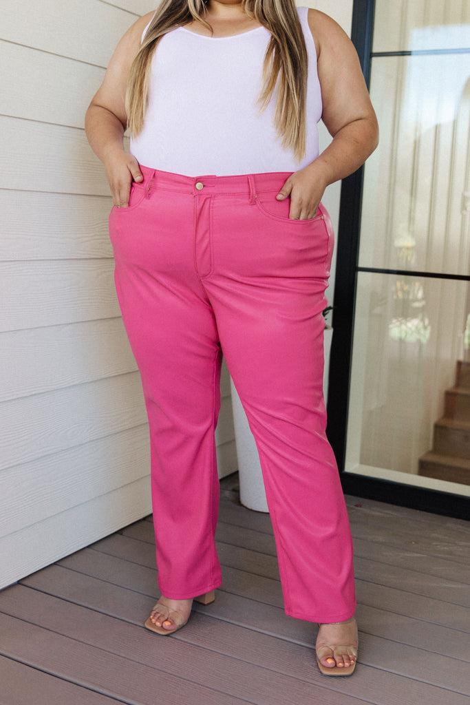 Judy Blue Tummy Control Faux Leather Pants in Hot Pink-Womens-Villari Chic, women's online fashion boutique in Severna, Maryland