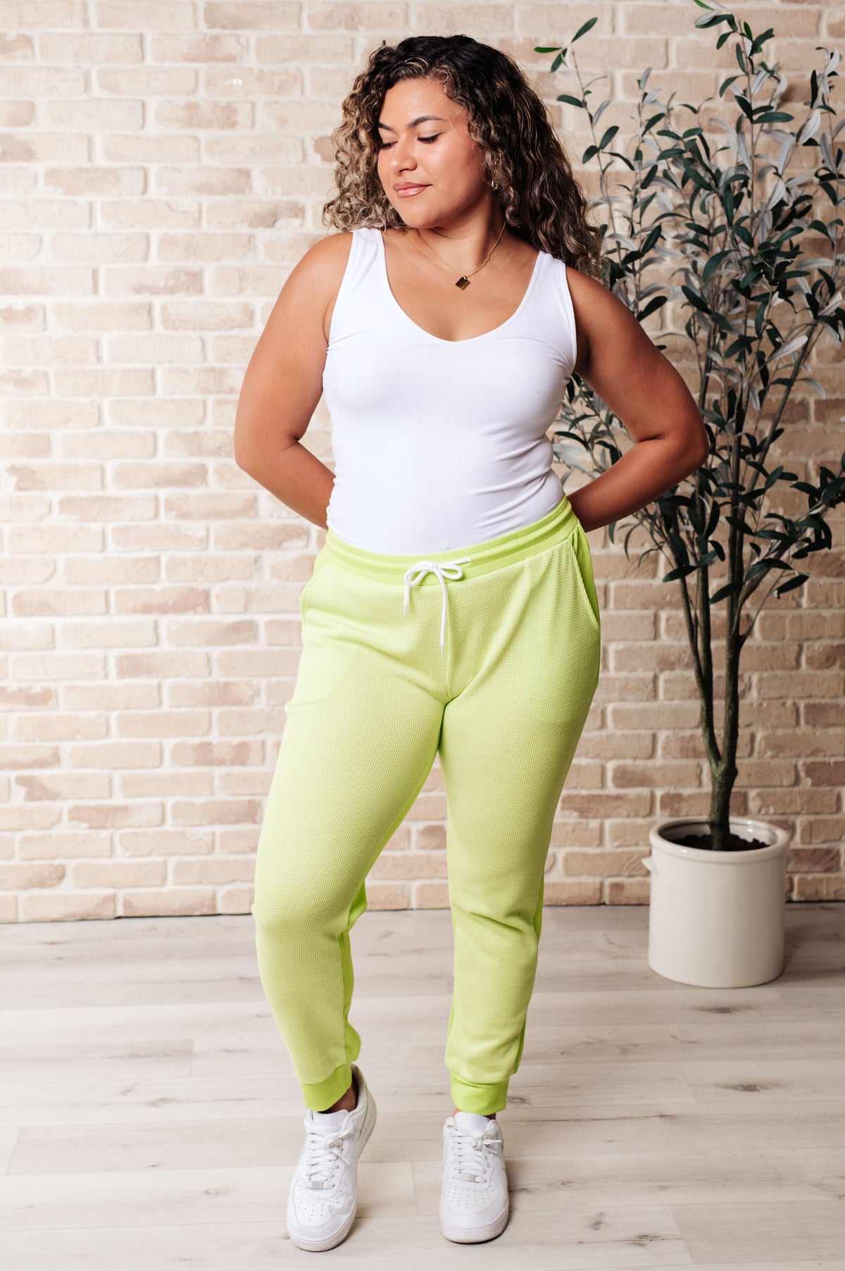 Tommy Two Tone Waffle Joggers Lime-Athleisure-Villari Chic, women's online fashion boutique in Severna, Maryland