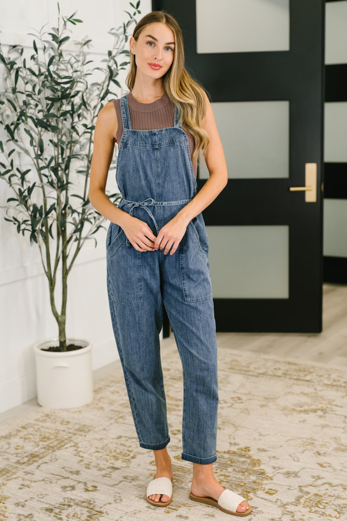 Too Cute to Compute Waist Tie Overalls in Dark Blue-Womens-Villari Chic, women's online fashion boutique in Severna, Maryland