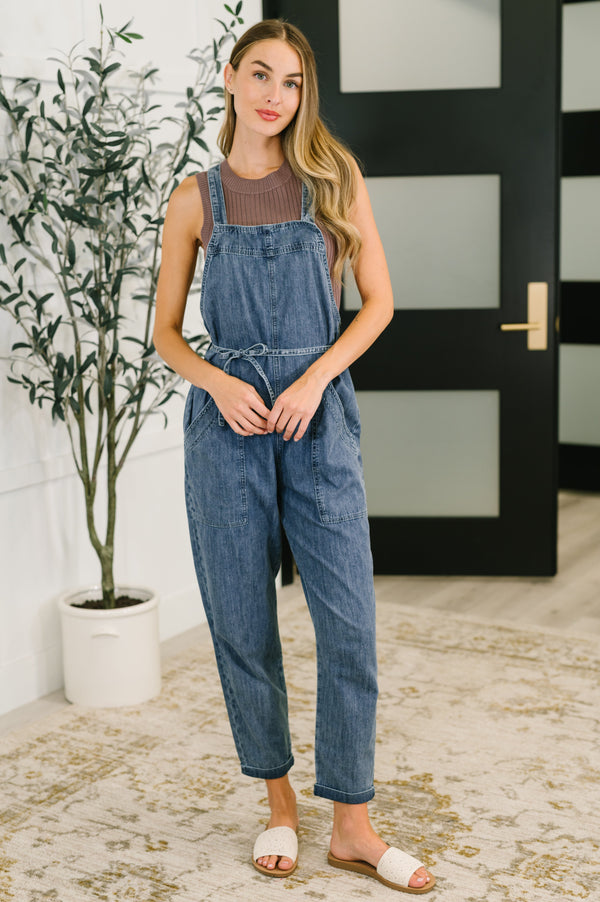 Too Cute to Compute Waist Tie Overalls in Dark Blue-Womens-Villari Chic, women's online fashion boutique in Severna, Maryland