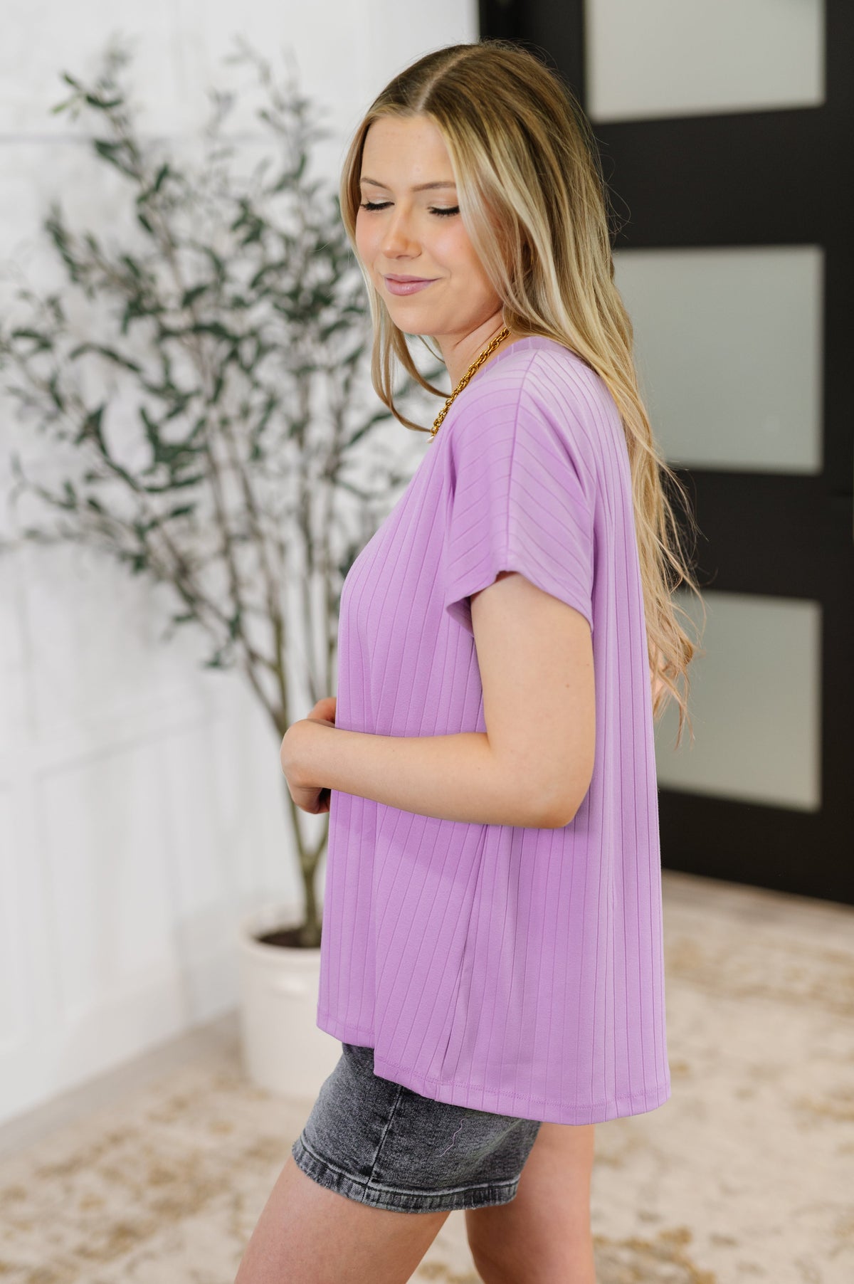 Top Shelf Basic V-Neck Ribbed Tee in Lavender-Womens-Villari Chic, women's online fashion boutique in Severna, Maryland