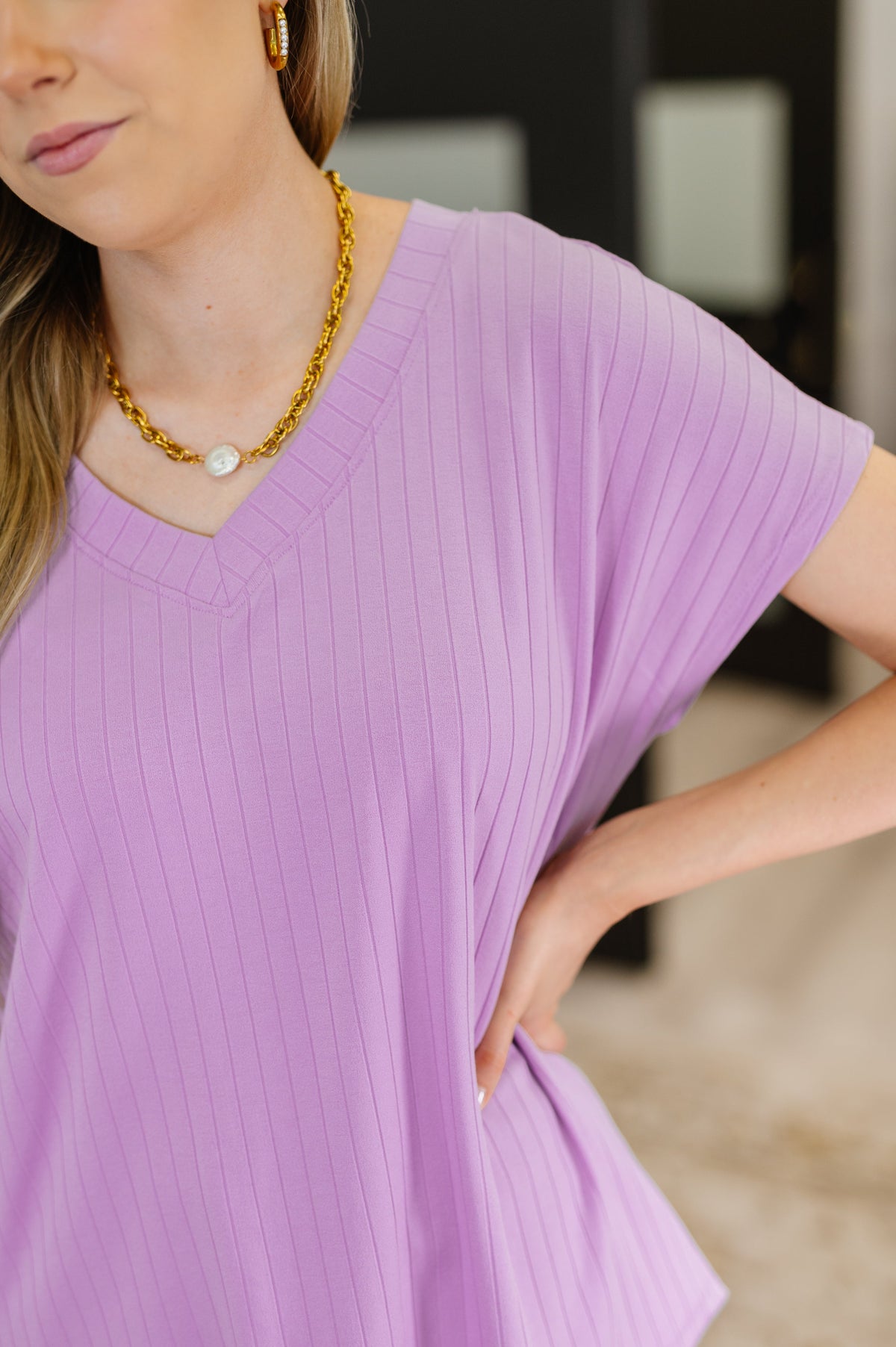 Top Shelf Basic V-Neck Ribbed Tee in Lavender-Womens-Villari Chic, women's online fashion boutique in Severna, Maryland