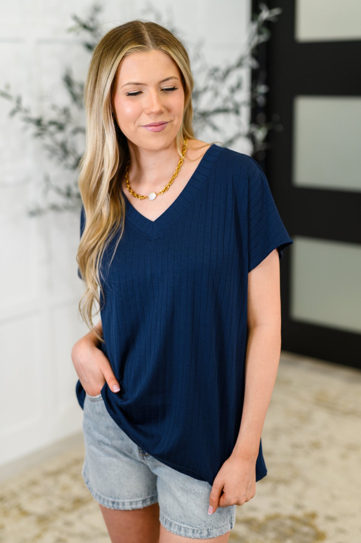 Top Shelf Basic V-Neck Ribbed Tee in Navy-Womens-Villari Chic, women's online fashion boutique in Severna, Maryland