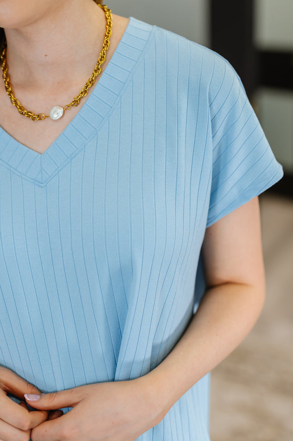 Top Shelf Basic V-Neck Ribbed Tee in Sky Blue-Womens-Villari Chic, women's online fashion boutique in Severna, Maryland