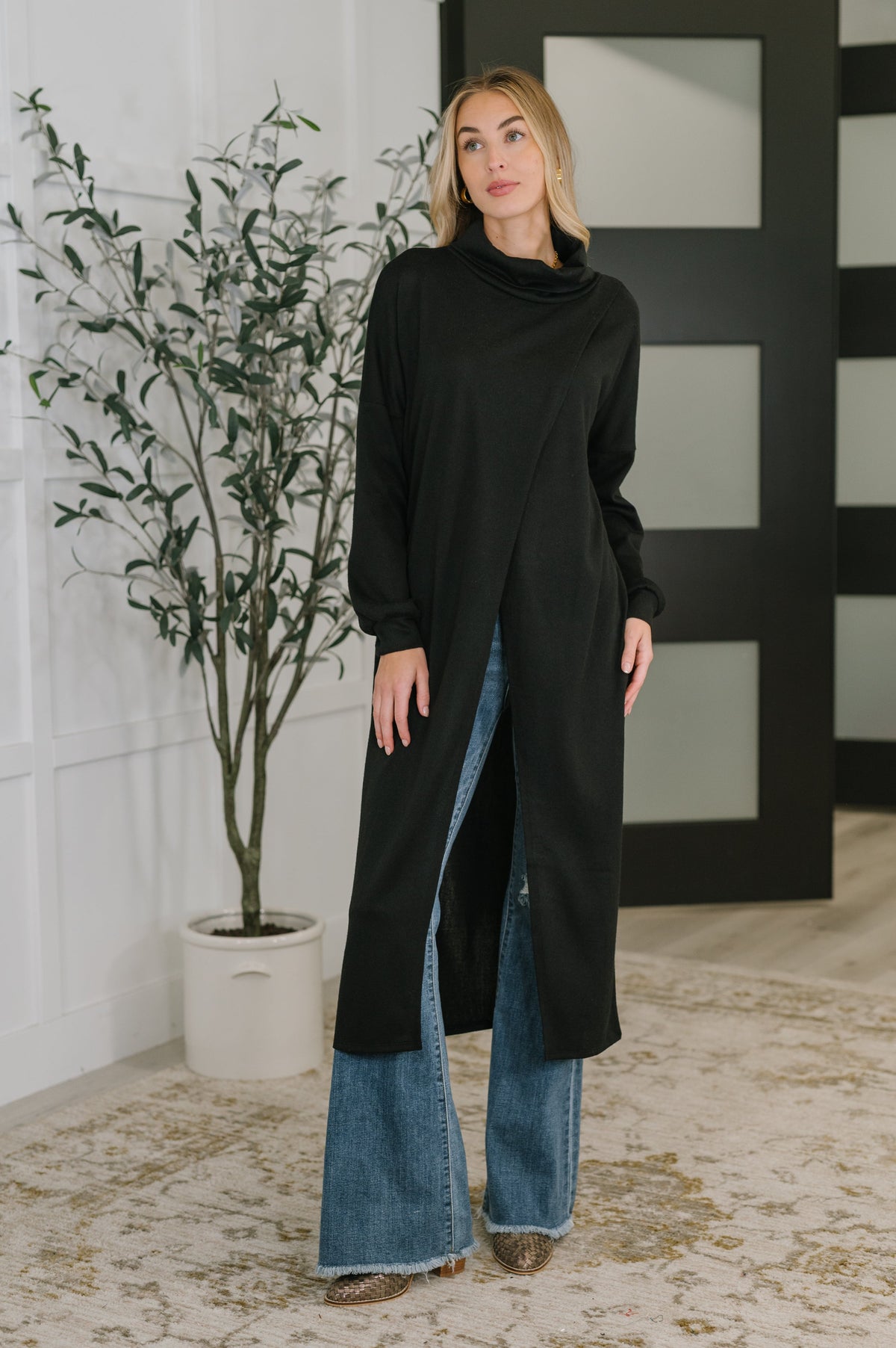 Travel City Scape Turtle Neck Tunic in Black-Womens-Villari Chic, women's online fashion boutique in Severna, Maryland