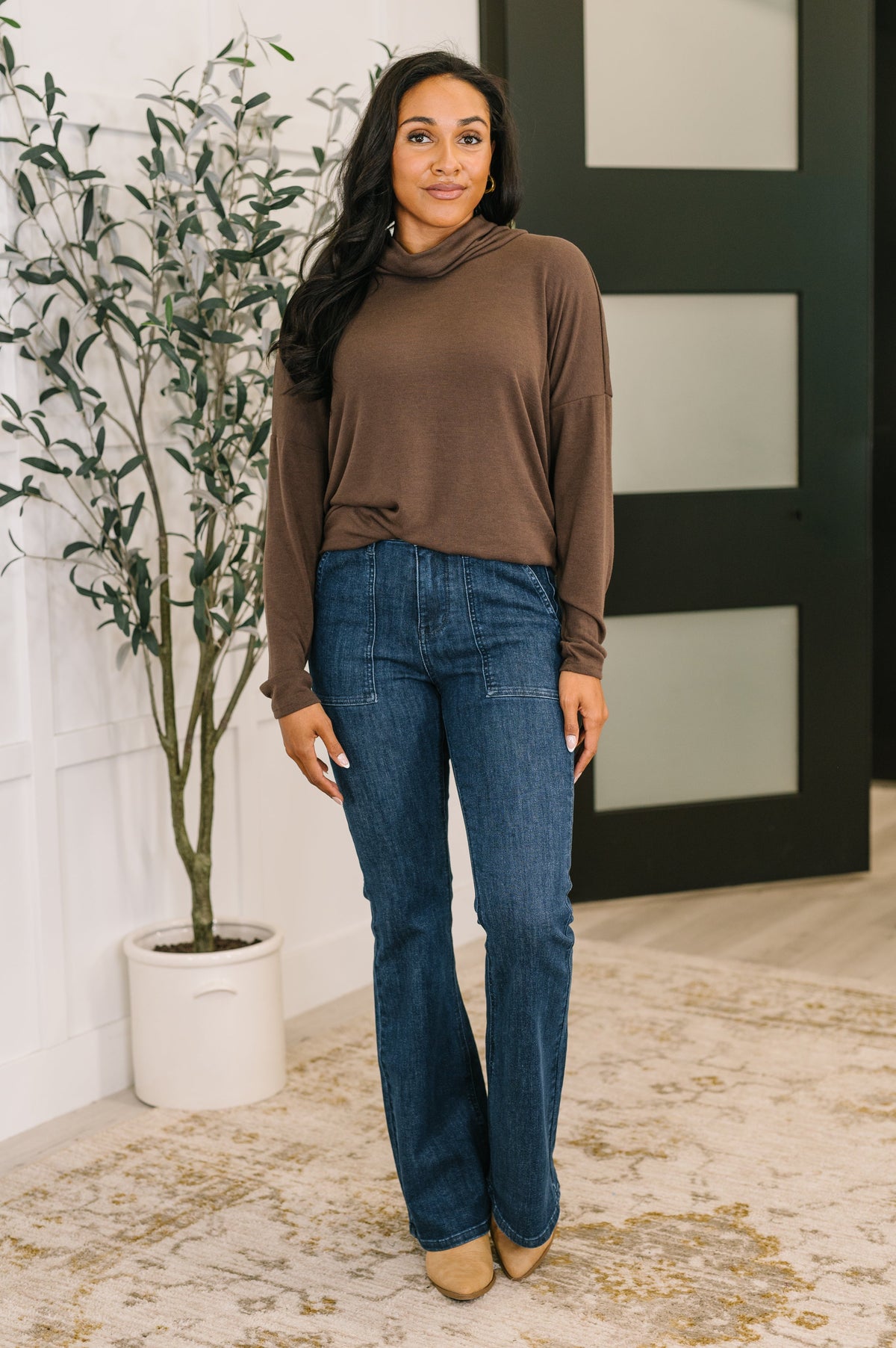 Travel Destination Cowl Neck Pullover in Chocolate-Womens-Villari Chic, women's online fashion boutique in Severna, Maryland