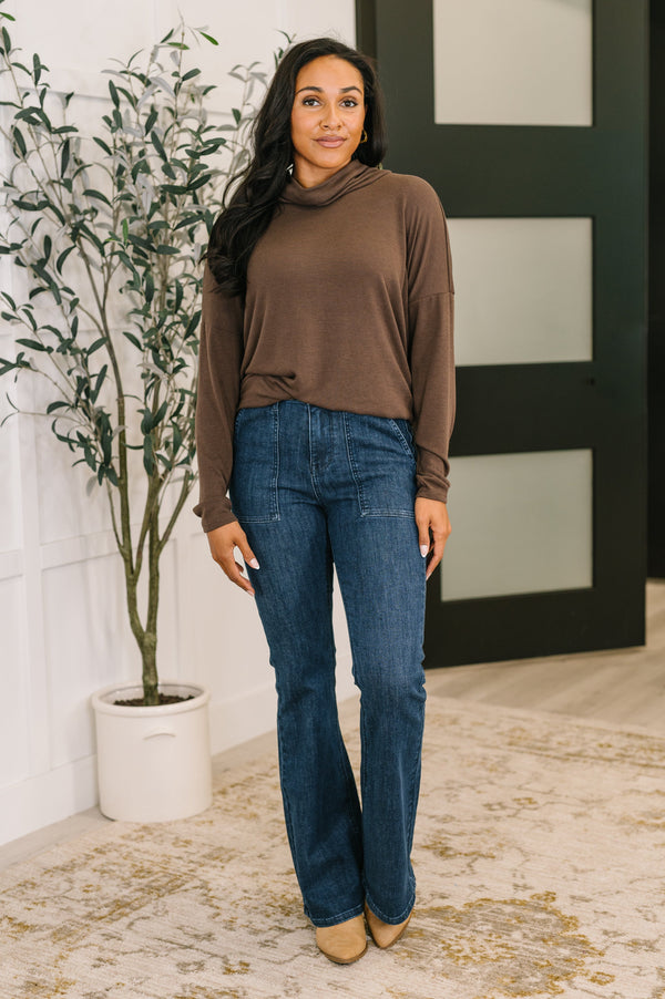 Travel Destination Cowl Neck Pullover in Chocolate-Womens-Villari Chic, women's online fashion boutique in Severna, Maryland