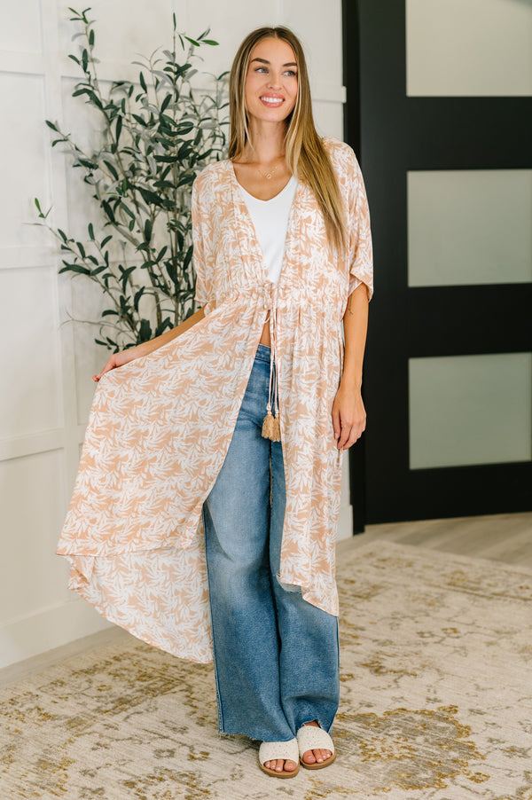 Tropical Print Gauze Kimono with Elastic Waist Tie in Milk Tea-Womens-Villari Chic, women's online fashion boutique in Severna, Maryland