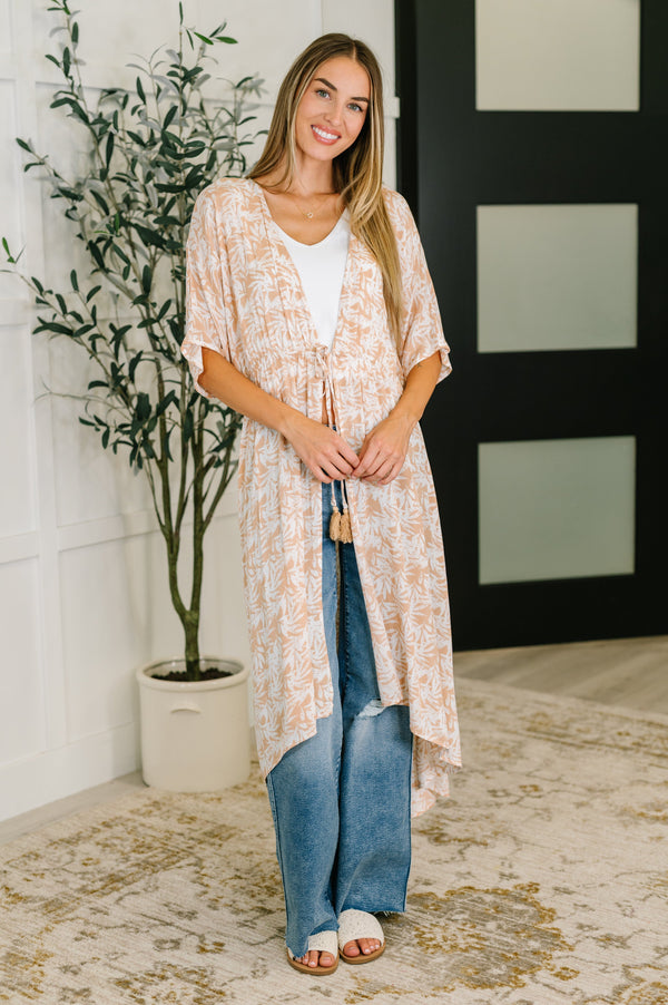 Tropical Print Gauze Kimono with Elastic Waist Tie in Milk Tea-Womens-Villari Chic, women's online fashion boutique in Severna, Maryland