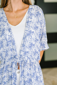 Tropical Print Gauze Kimono with Elastic Waist Tie in Periwinkle-Womens-Villari Chic, women's online fashion boutique in Severna, Maryland