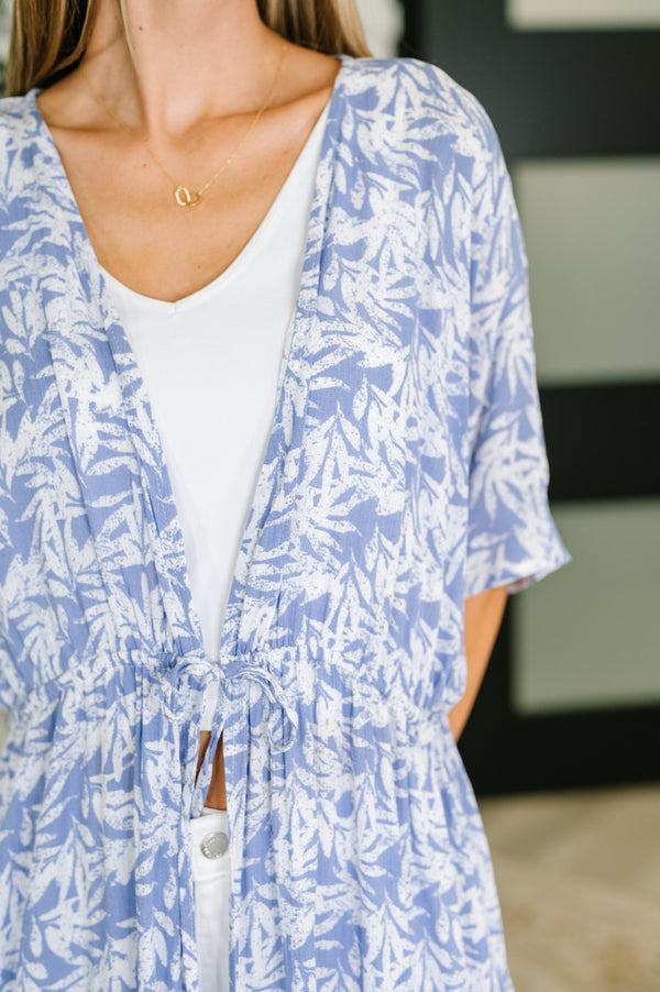 Tropical Print Gauze Kimono with Elastic Waist Tie in Periwinkle-Womens-Villari Chic, women's online fashion boutique in Severna, Maryland