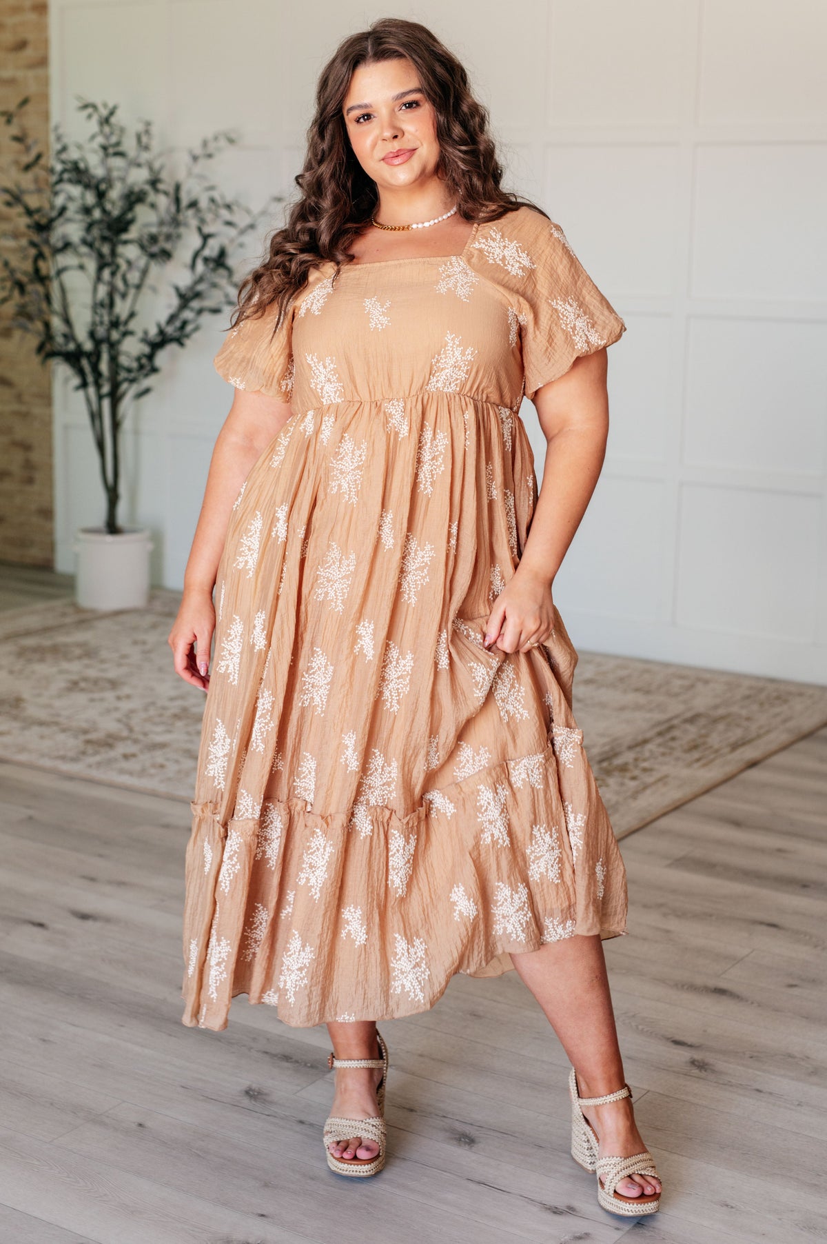brown balloon sleeve dress Brown Polka Dot Balloon Sleeve Anya Midi Dress