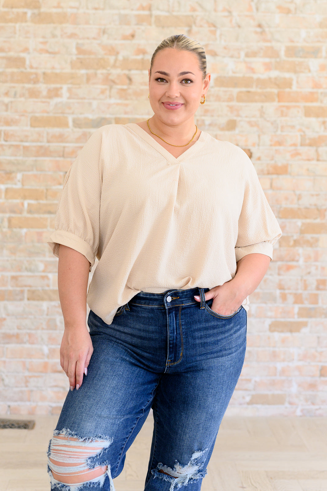 Up For Anything V-Neck Blouse in Taupe-Tops-Villari Chic, women's online fashion boutique in Severna, Maryland