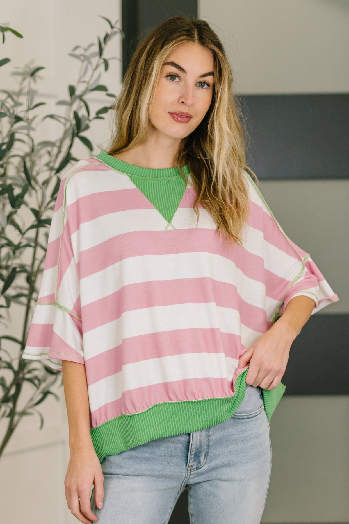 What's a Girl to Do Contrast Trim Relaxed Top-Womens-Villari Chic, women's online fashion boutique in Severna, Maryland