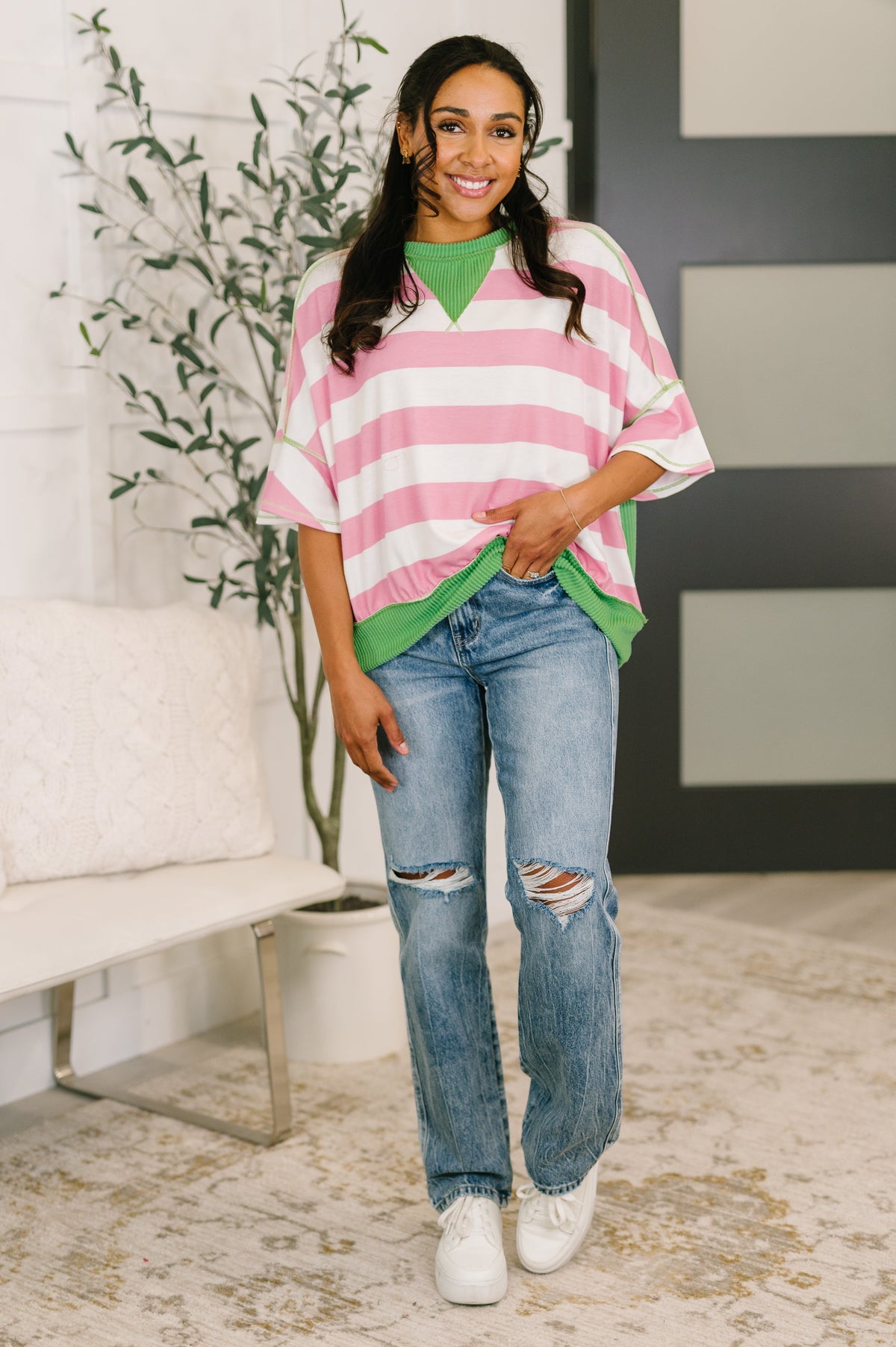 What's a Girl to Do Contrast Trim Relaxed Top-Womens-Villari Chic, women's online fashion boutique in Severna, Maryland
