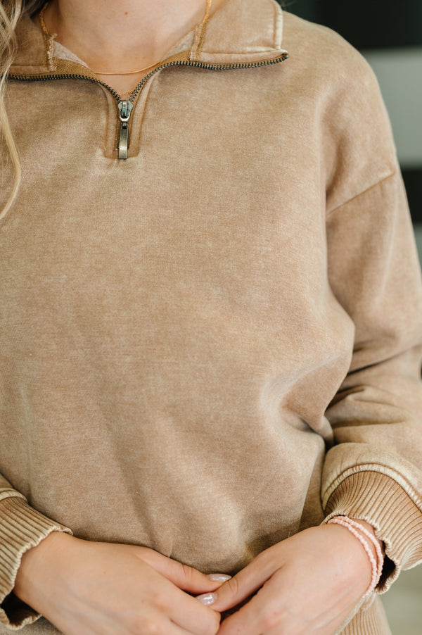 You Should Know Half Zip Pullover in Deep Camel-Womens-Villari Chic, women's online fashion boutique in Severna, Maryland