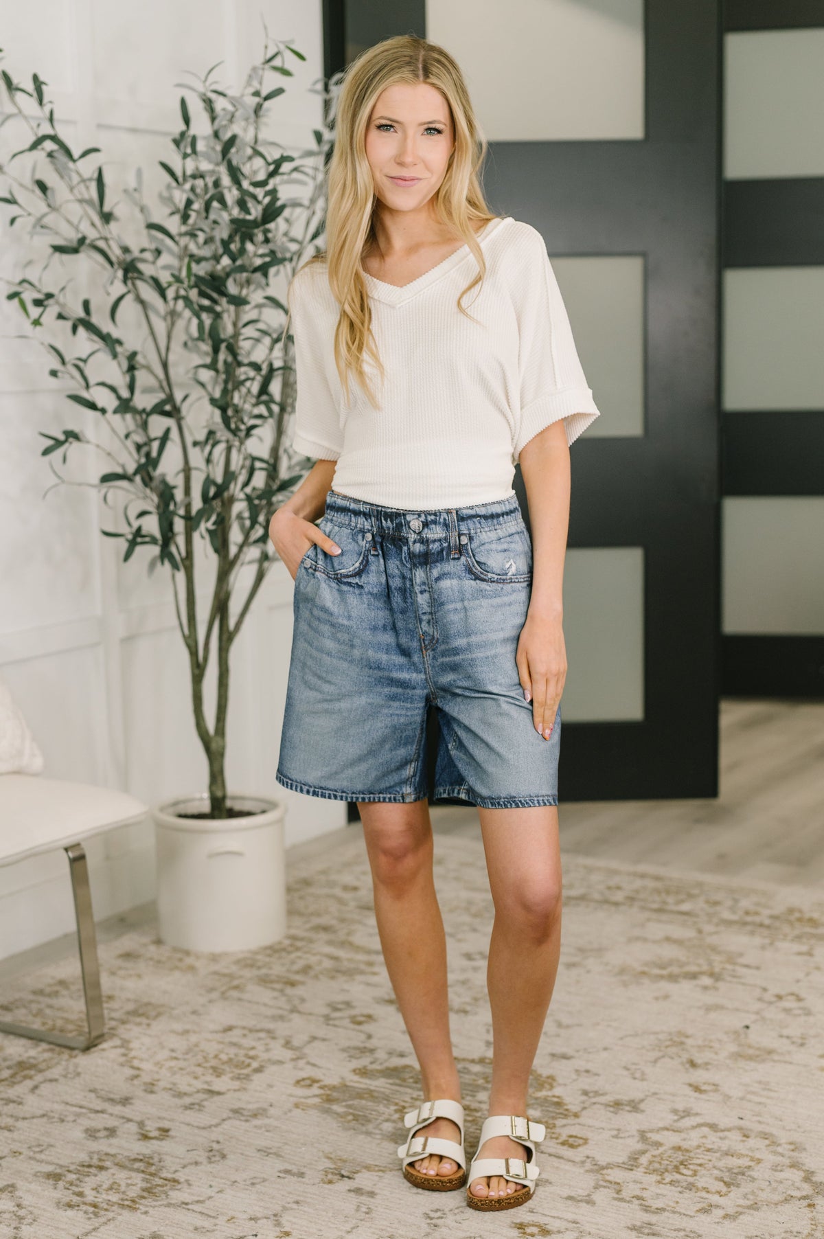 Zenim Printed High Waisted Shorts in Classic Denim-Womens-Villari Chic, women's online fashion boutique in Severna, Maryland