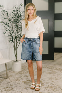 Zenim Printed High Waisted Shorts in Classic Denim-Womens-Villari Chic, women's online fashion boutique in Severna, Maryland